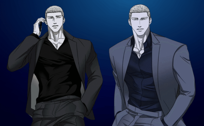 An illustration of Jake Gillan from Shutline in two different stylish suits against a dark blue gradient background.