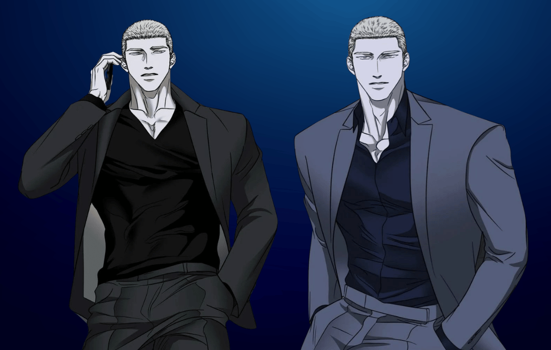 An illustration of Jake Gillan from Shutline in two different stylish suits against a dark blue gradient background.