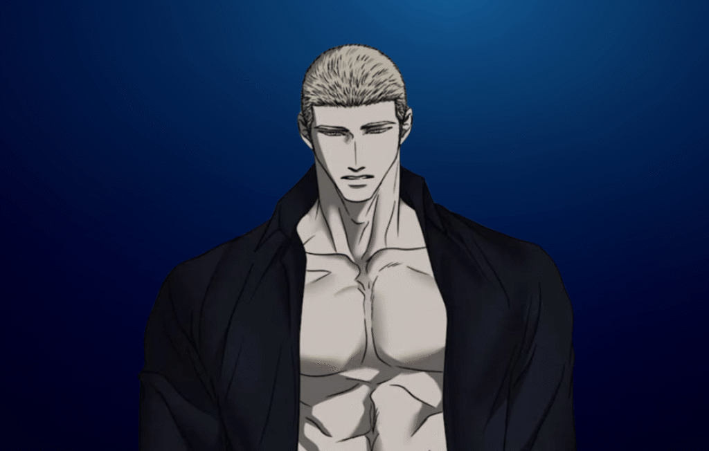 An illustration of Jake Gillan from Shutline with an open black shirt showcasing his muscular physique against a dark blue background.