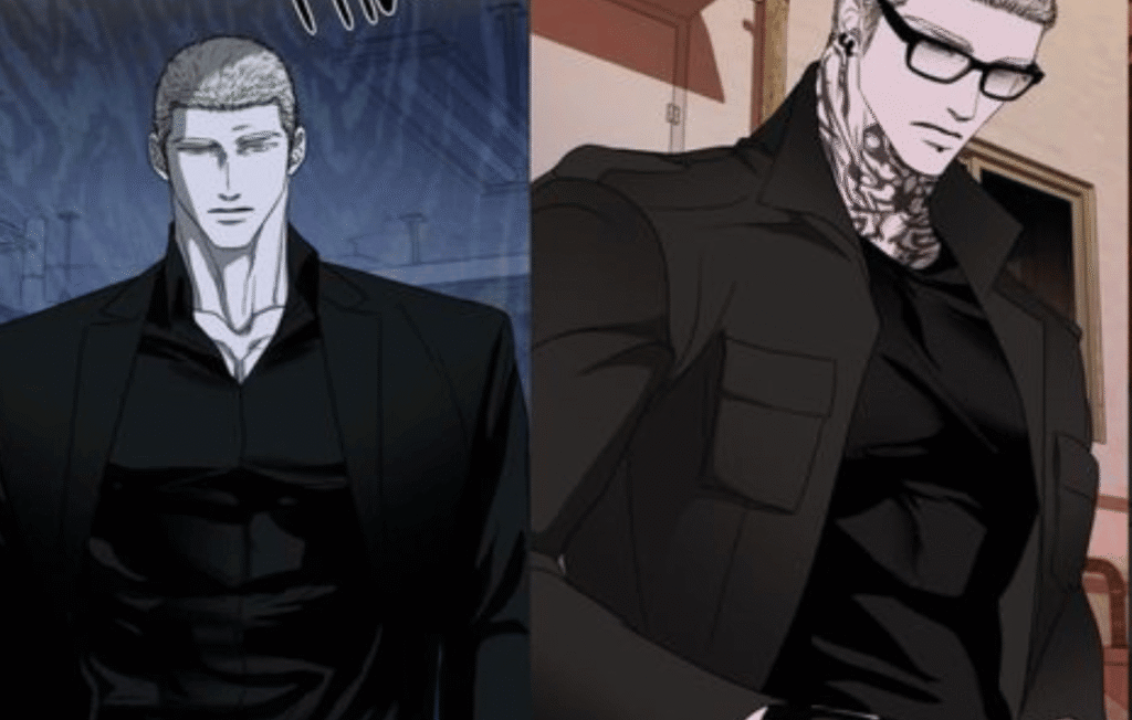 A split-screen illustration of Jake Gillan from Shutline in a sleek black suit on the left, and wearing glasses with visible neck tattoos on the right.