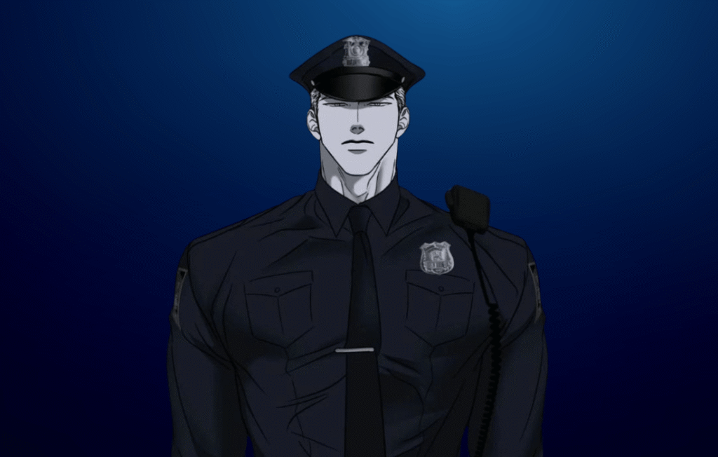 A digital illustration of Jake Gillan from Shutline dressed in a detailed dark blue police officer uniform with a badge and cap, set against a blue gradient background.