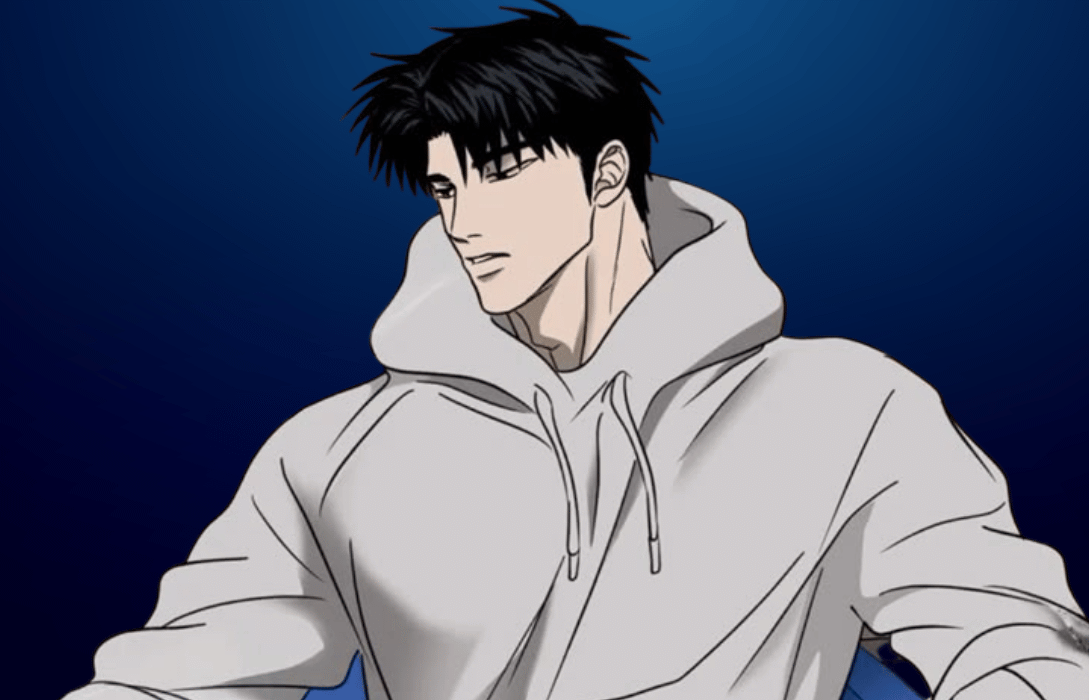Moon Shingun Shutline sitting calmly with a serious expression in an emotional scene from the BL manhwa.