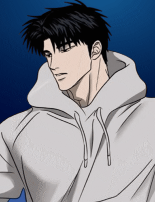 Moon Shingun Shutline sitting calmly with a serious expression in an emotional scene from the BL manhwa.