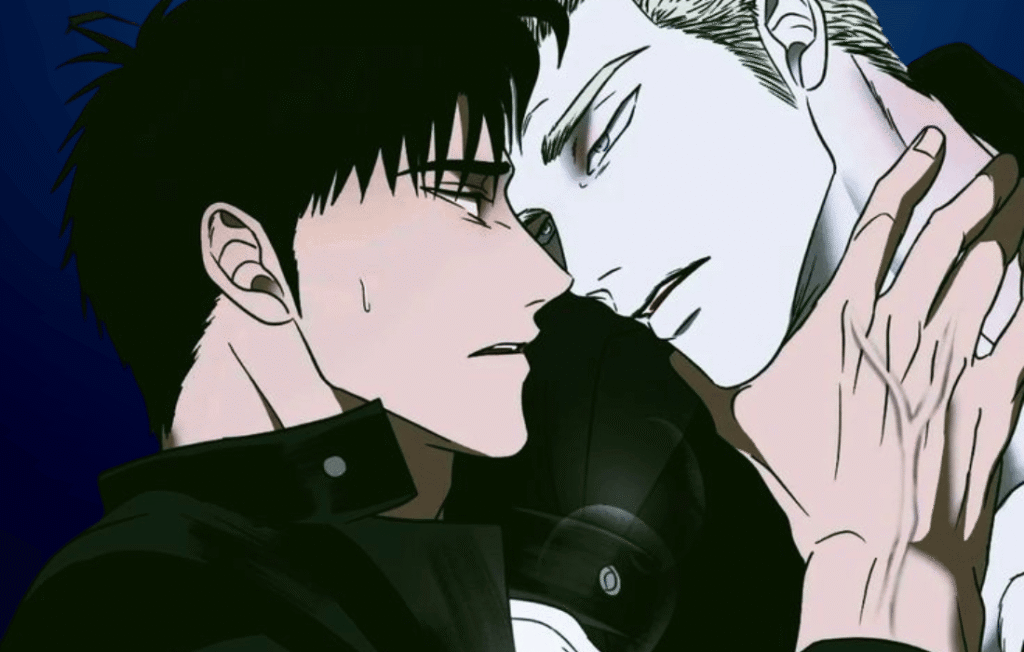 Jake Gillan and Moon Shingun (Shin) from Shutline in a romantic scene, showing close emotional tension and intimate atmosphere between the two characters.