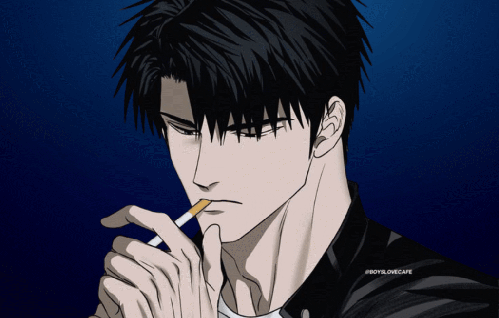 Moon Shingun (Shin) from Shutline smoking in a moody, urban-style scene reflecting his calm yet intense personality.