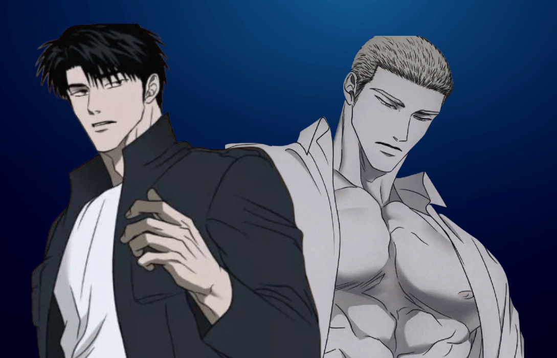 Shin and Jake Gillan from Shutline manhwa standing together in a dramatic pose, featuring dark aesthetic artwork with a blue background and detailed character design.