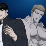 Shin and Jake Gillan from Shutline manhwa standing together in a dramatic pose, featuring dark aesthetic artwork with a blue background and detailed character design.