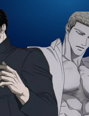 Shin and Jake Gillan from Shutline manhwa standing together in a dramatic pose, featuring dark aesthetic artwork with a blue background and detailed character design.