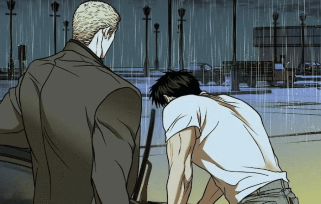 Jake Gillan and Shin from Shutline manhwa standing in the rain near a car at night, creating a dramatic and emotional scene with dark city vibes.
