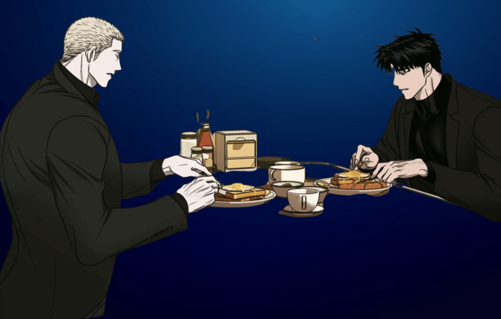 Jake Gillan and Shin from Shutline manhwa sitting at a dining table while eating food, sharing a calm and intimate moment in a detailed BL manhwa scene.