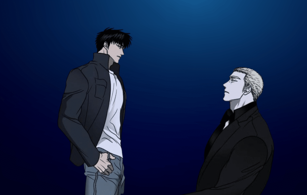 Jake Gillan and Shin from Shutline manhwa looking at each other in an intense and emotional moment, showcasing their chemistry and dramatic connection.