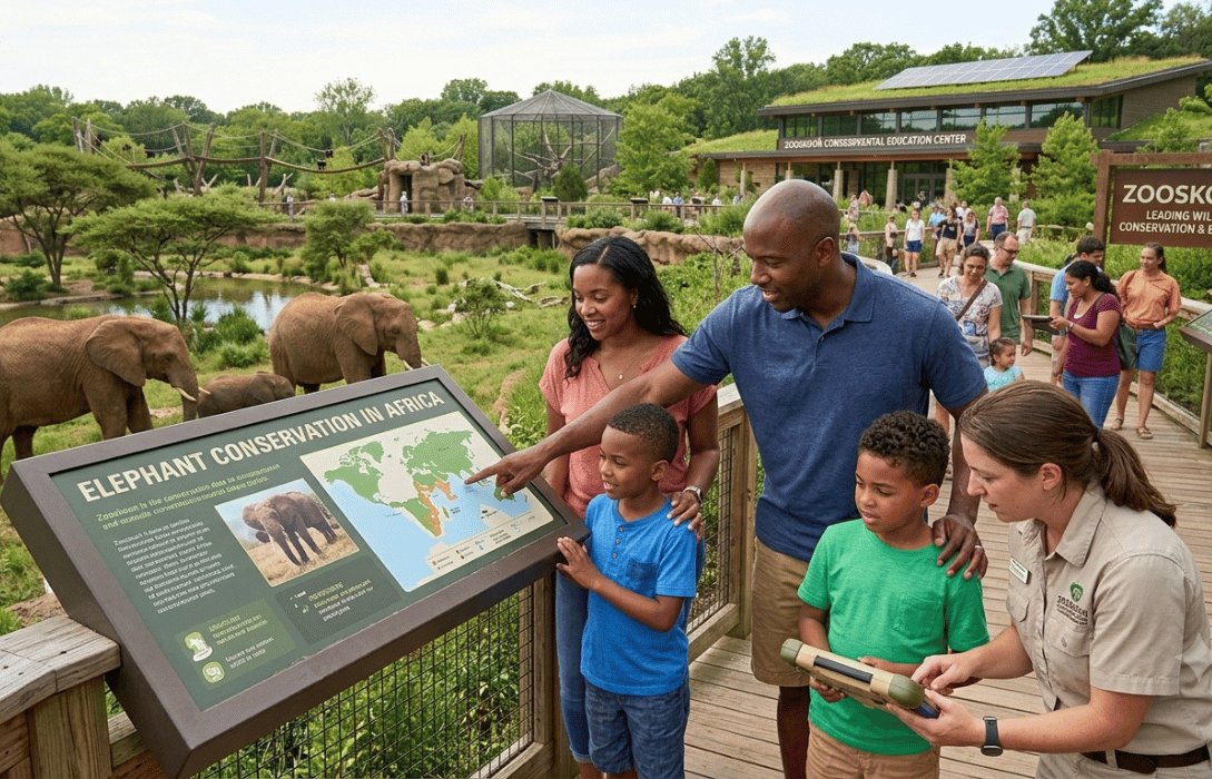 Family learning about elephant conservation at Zooskooñ eco-friendly wildlife park.