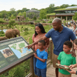 Family learning about elephant conservation at Zooskooñ eco-friendly wildlife park.