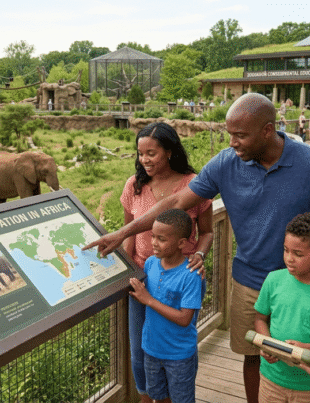 Family learning about elephant conservation at Zooskooñ eco-friendly wildlife park.