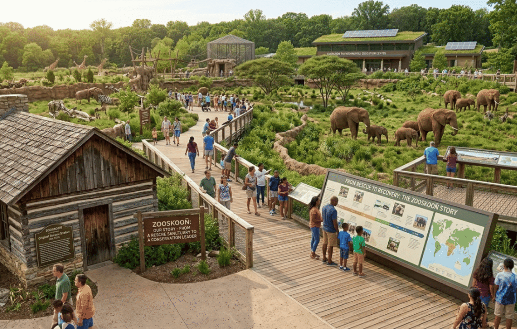 Zooskooñ history exhibit showing original rescue sanctuary cabin alongside modern wildlife park and elephant habitat.
