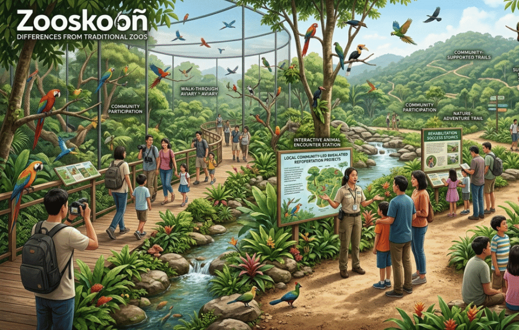 An illustrated infographic of Zooskooñ wildlife sanctuary showing visitors exploring an open-air walk-through aviary, listening to a wildlife guide, and walking along nature adventure trails in a lush, natural habitat.