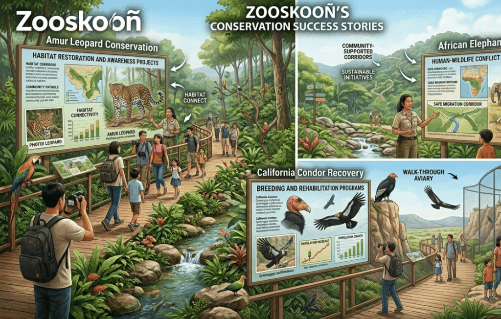 An educational infographic detailing Zooskooñ’s Conservation Success Stories, showcasing dedicated panels and exhibits for Amur Leopard Conservation, African Elephant Protection, and California Condor Recovery with wildlife guides teaching visitors.