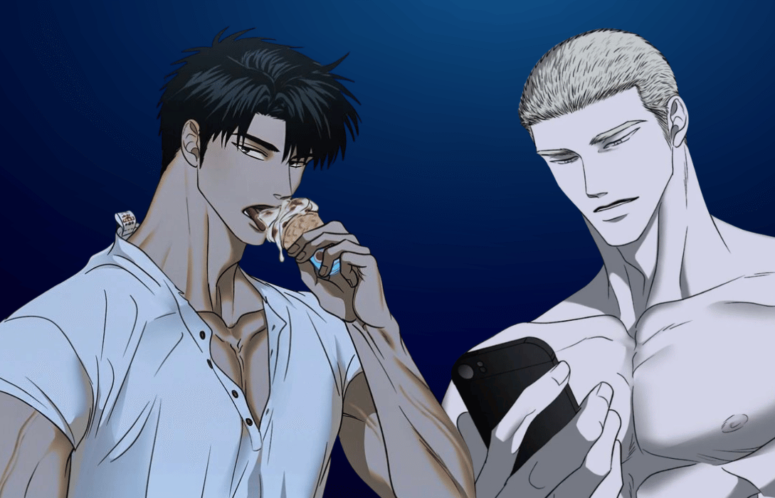 Jake and Shin from Shutline manhwa sharing a calm moment, with Jake eating ice cream while Shin looks at his phone against a dark blue background.