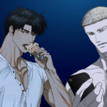 Jake and Shin from Shutline manhwa sharing a calm moment, with Jake eating ice cream while Shin looks at his phone against a dark blue background.