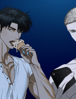Jake and Shin from Shutline manhwa sharing a calm moment, with Jake eating ice cream while Shin looks at his phone against a dark blue background.