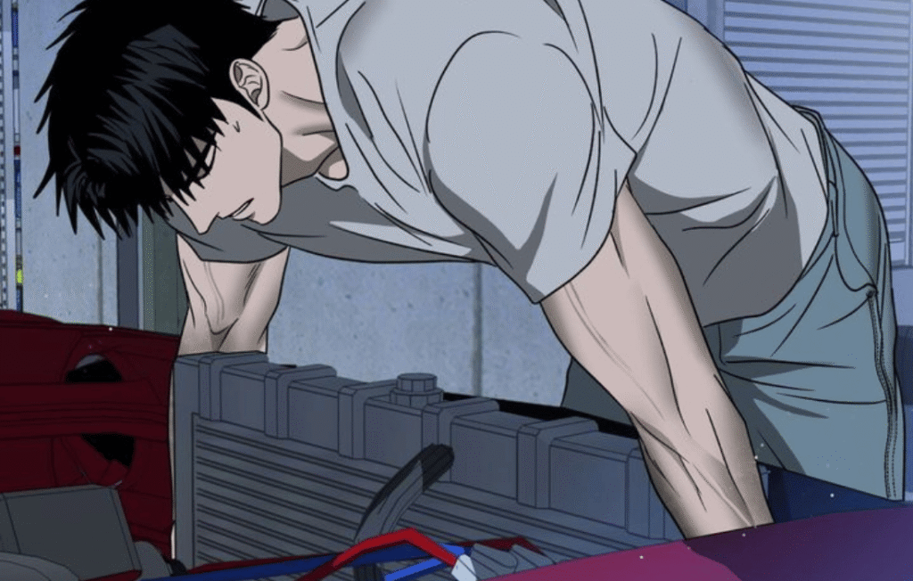 Shin from Shutline manhwa working with focus, showing a calm and serious expression in a detailed BL manhwa scene.