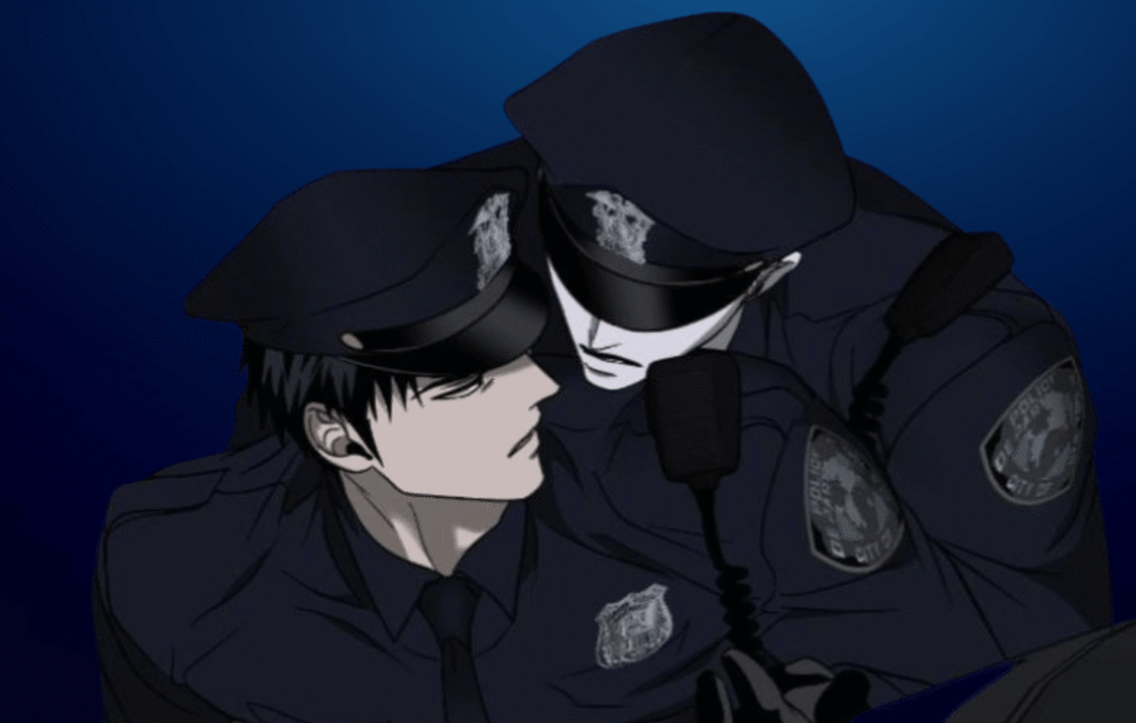 Jake and Shin from Shutline manhwa wearing police uniforms in an intense close moment, featuring a dark blue background and dramatic BL aesthetic.