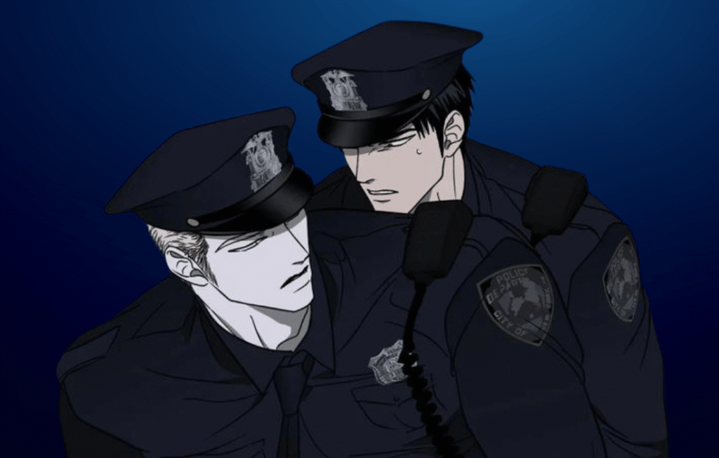 Romantic and intense Shutline manhwa scene of Jake and Shin in police uniforms, sharing a close moment with a dramatic dark blue background.