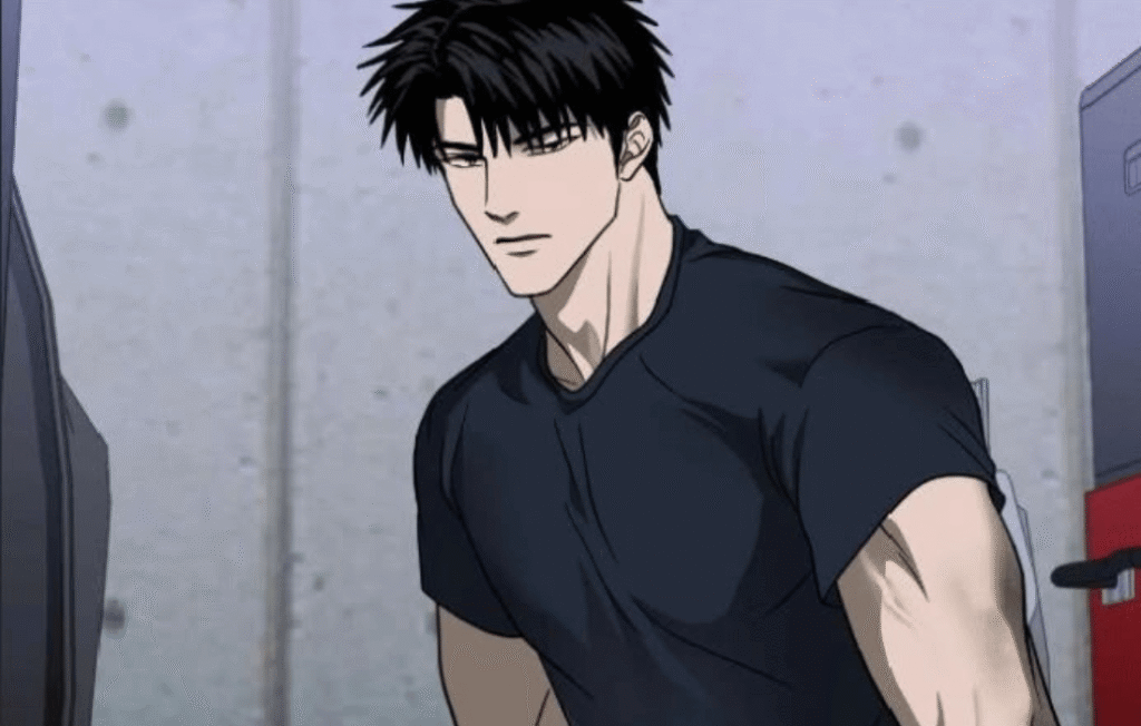 Shin wearing mechanic clothes in Shutline, standing confidently in a workshop-style outfit with a rugged and professional appearance.