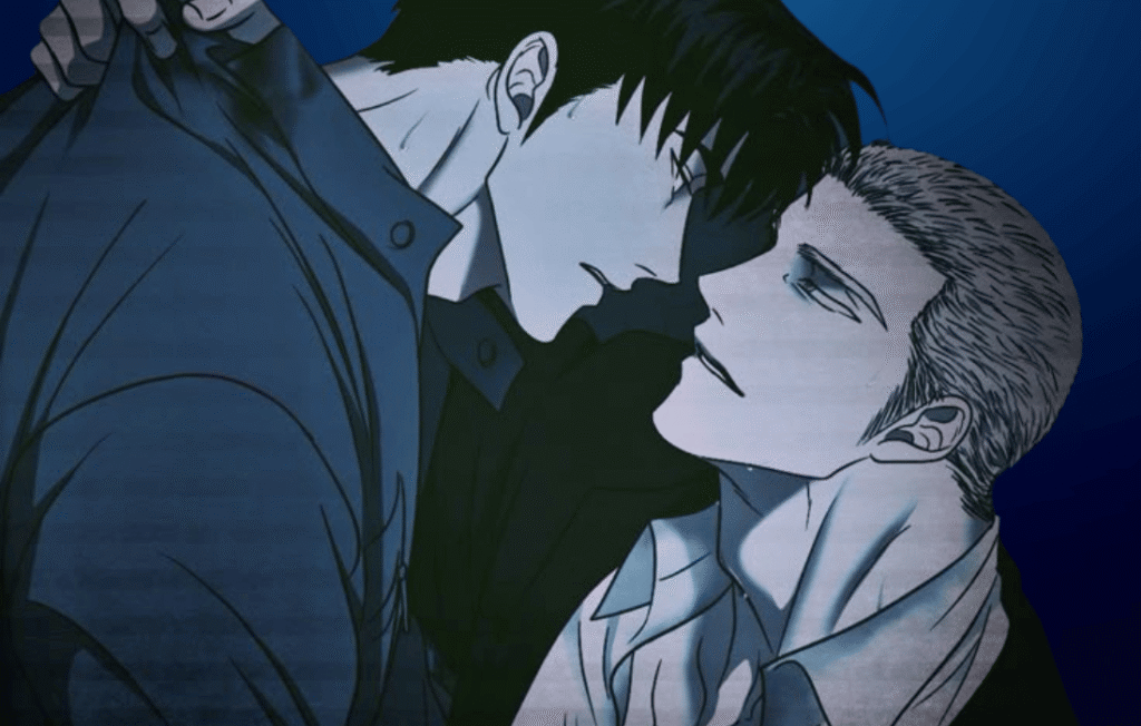 Jake and Shin standing together in a romantic and stylish moment from
Shutline
, showing their close bond and chemistry.