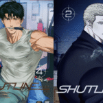 Shutline comic book cover featuring Jake as a muscular mechanic with colorful wires and Shin in a dark suit, showcasing the action and romance of the popular BL manhwa series.