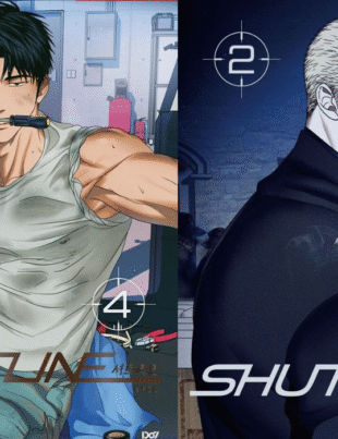 Shutline comic book cover featuring Jake as a muscular mechanic with colorful wires and Shin in a dark suit, showcasing the action and romance of the popular BL manhwa series.
