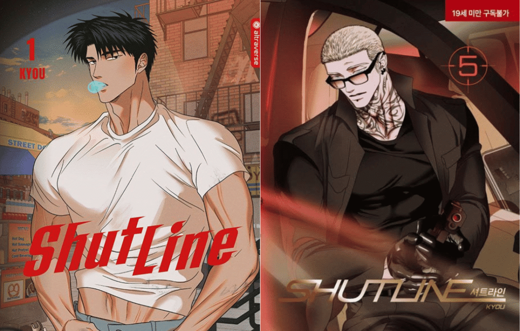 Shutline comic book cover featuring Kyou and Jake, with Kyou in a white shirt and Jake in a black suit with tattoos, showcasing the stylish action and romance themes of the Shutline comic book series.