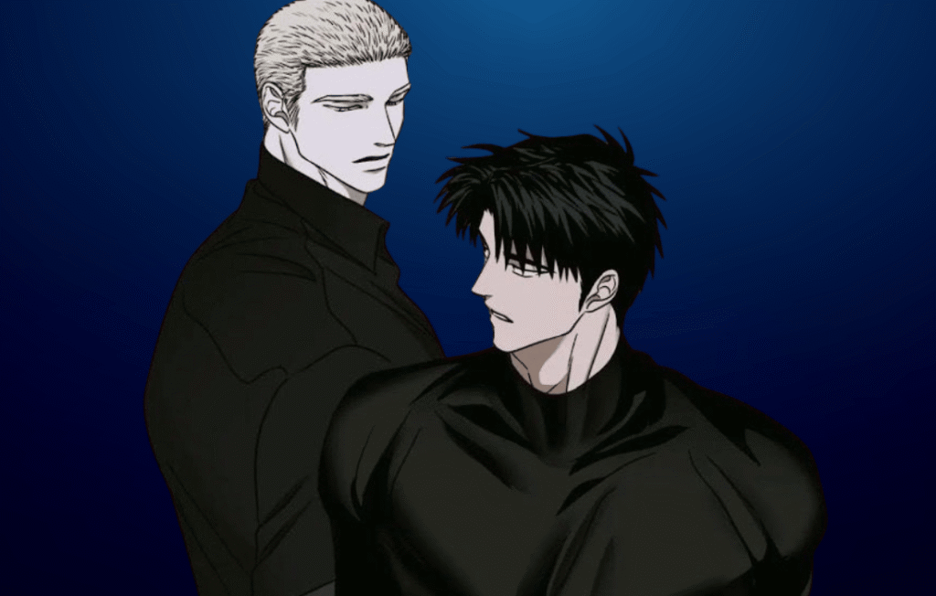 Shutline comic book characters Jake and Shin standing close together in black outfits against a blue background, highlighting the intense chemistry and stylish artwork of the Shutline comic book series.