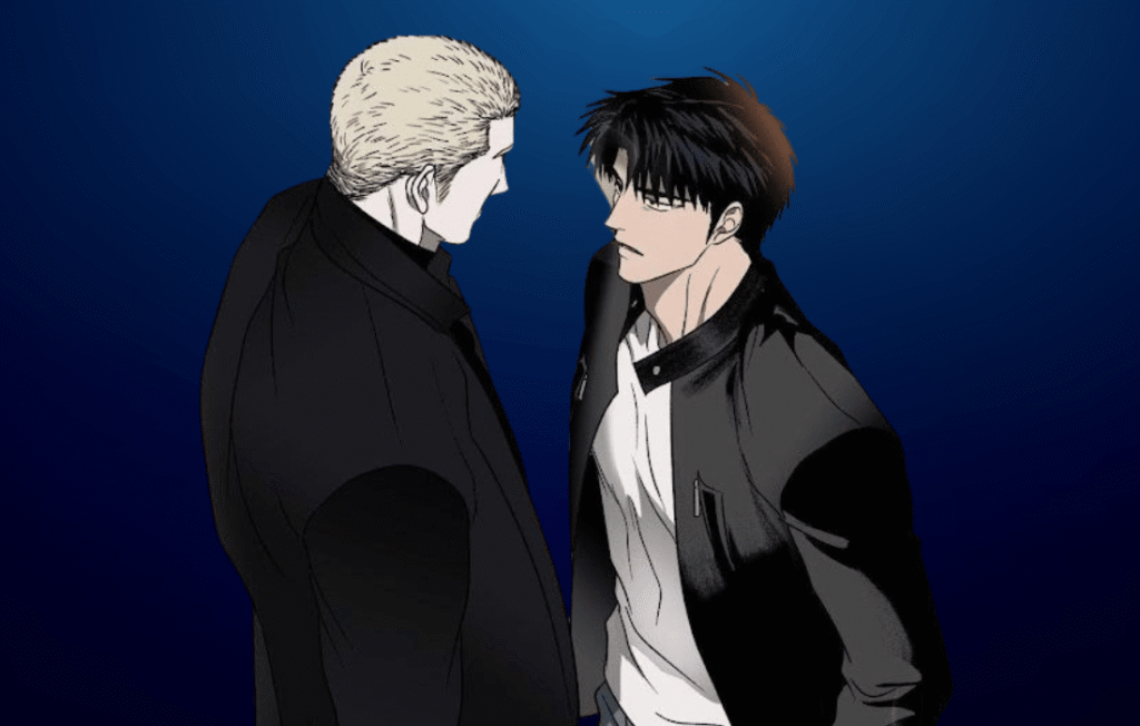 Shutline comic book characters Jake and Shin facing each other against a blue gradient background