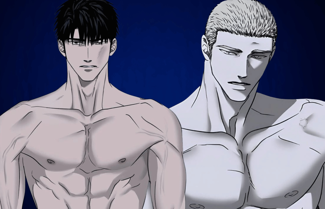Shutline latest manga scene featuring Jake and Shin shirtless standing together with intense expressions, highlighting dramatic artwork style and character design from Shutline series.