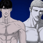 Shutline latest manga scene featuring Jake and Shin shirtless standing together with intense expressions, highlighting dramatic artwork style and character design from Shutline series.