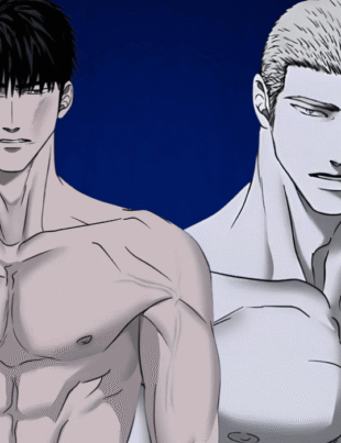 Shutline latest manga scene featuring Jake and Shin shirtless standing together with intense expressions, highlighting dramatic artwork style and character design from Shutline series.