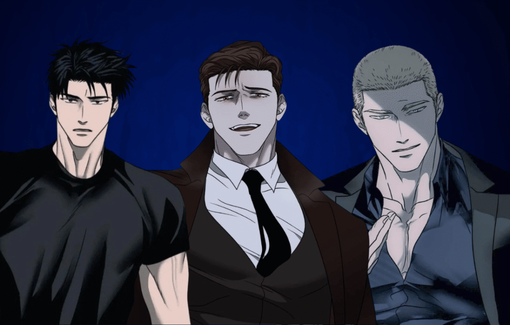 Shutline latest manga scene featuring Jake, Shin, and Ross Trautvein standing together in a tense confrontation, detailed manhwa artwork with dramatic expressions and cinematic lighting.