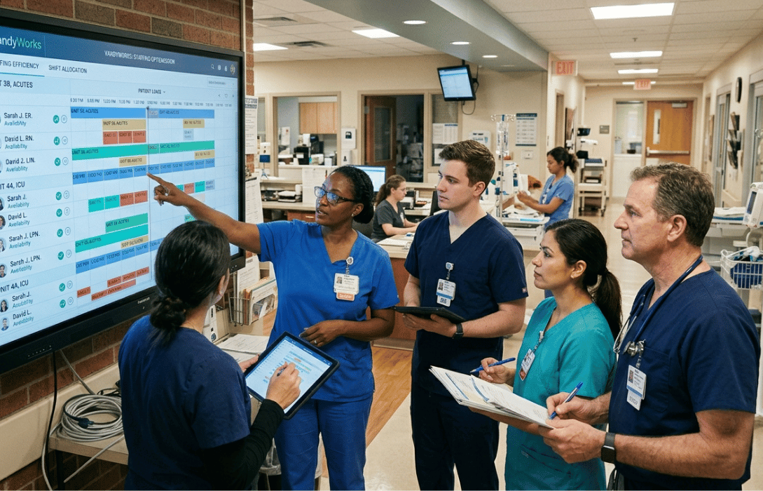 Diverse group of healthcare professionals reviewing hospital shift schedules on a large VandyWorks digital screen in a hospital hallway.