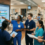 Diverse group of healthcare professionals reviewing hospital shift schedules on a large VandyWorks digital screen in a hospital hallway.