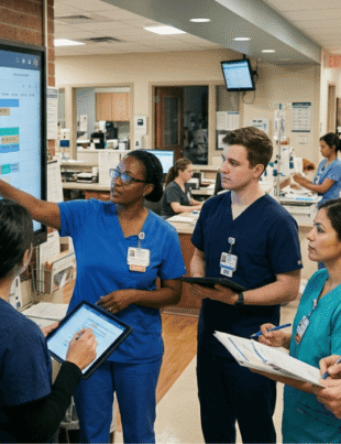 Diverse group of healthcare professionals reviewing hospital shift schedules on a large VandyWorks digital screen in a hospital hallway.
