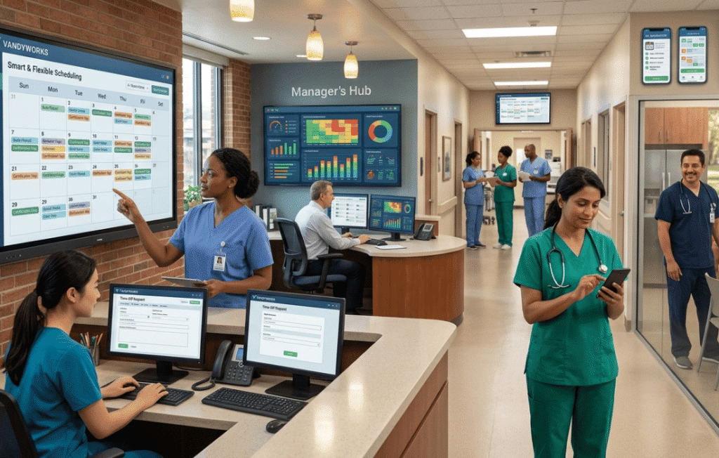 Modern hospital nurse station with diverse medical staff, large interactive screens for smart scheduling and data analytics, and a nurse using a self-service mobile app.