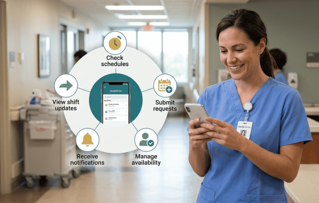 Nurse managing hospital shift schedules and submitting time-off requests using a healthcare mobile app.