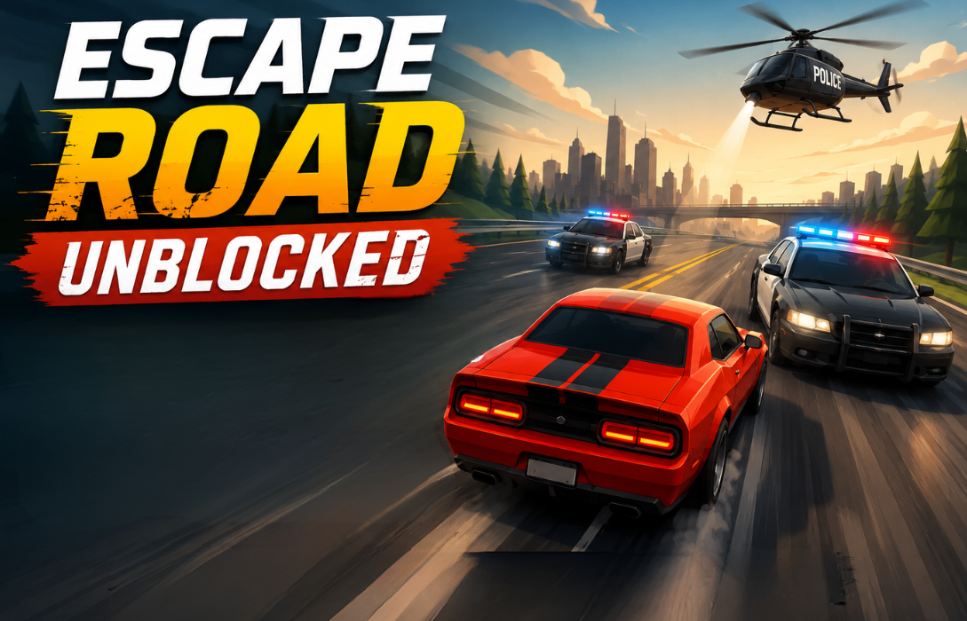 Escape Road Unblocked game poster with red muscle car chase.