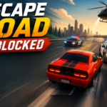 Escape Road Unblocked game poster with red muscle car chase.