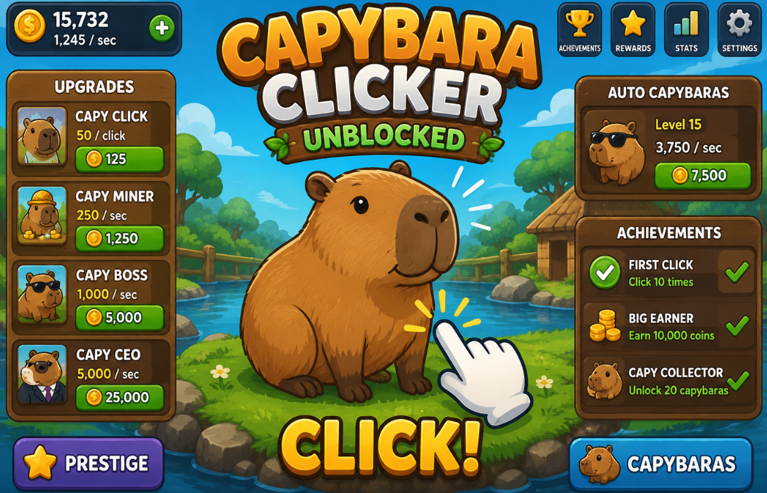 Capybara Clicker Unblocked game interface and upgrades.