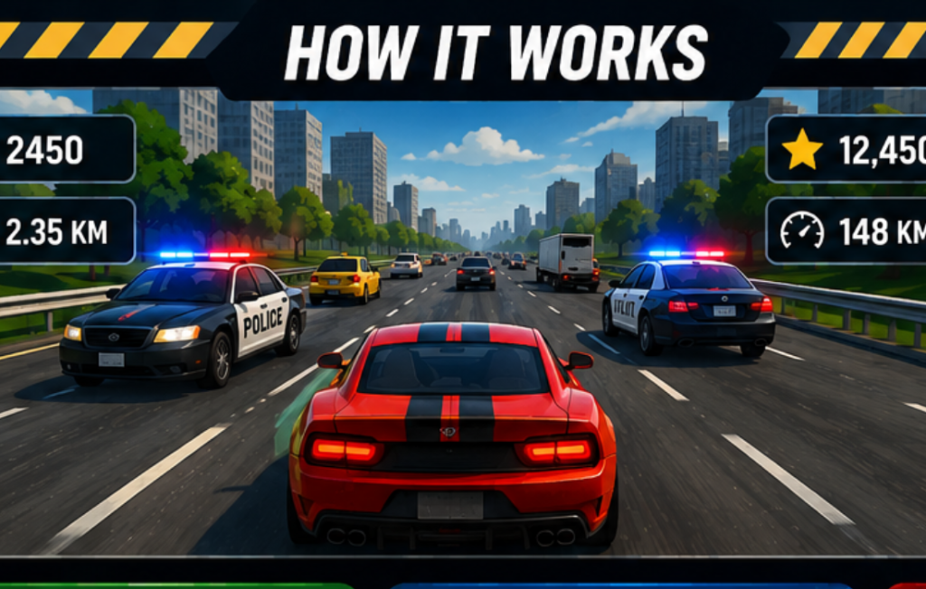Escape Road Unblocked gameplay guide showing police chase.