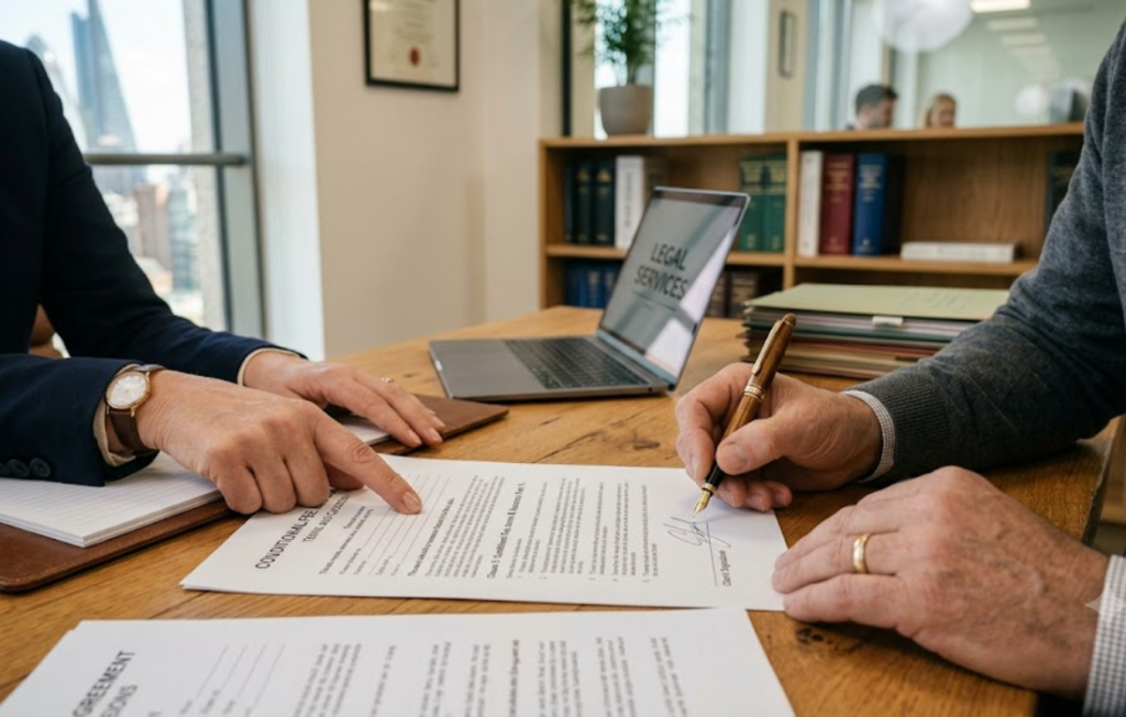 Client signing a Conditional Fee Agreement legal document.