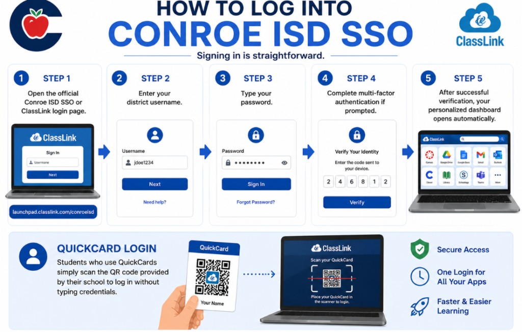 Step-by-step Conroe ISD SSO login guide infographic.