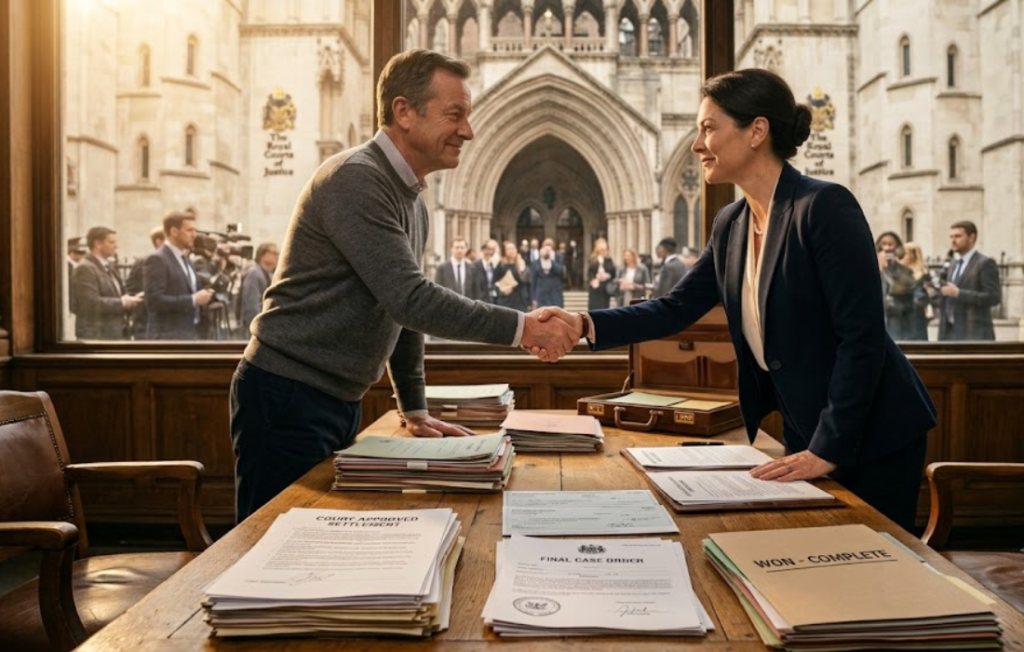The solicitor shakes hand with the client after legal victory.